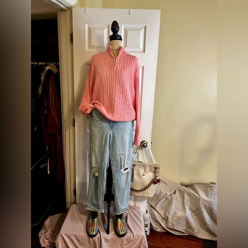 Croft‎ &Barrow Women’s All Cotton Barbie Pink Cable Knit Preppy Zip Sweater L